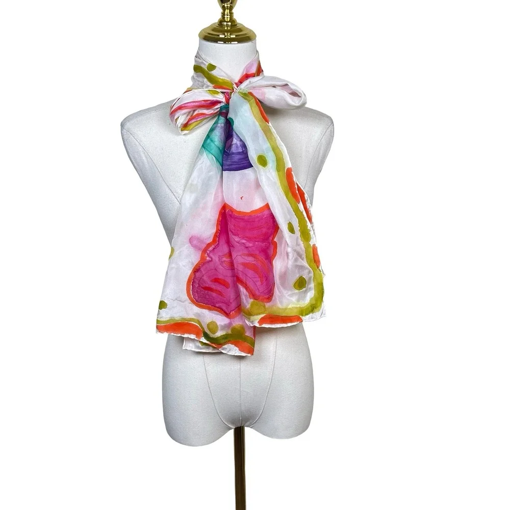 Vintage Hand Painted Silk Scarf Women Multicolor Floral Watercolor Artistic Boho